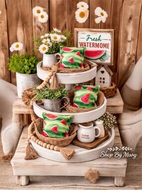 Sweet Summer Watermelon Farmhouse Decor Set | Mini Pillow Tiered Tray Styling